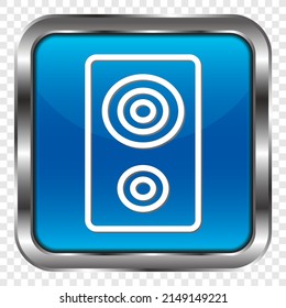 Speaker musical simple icon. Flat design. Metal, blue square button. Transparent grid.ai