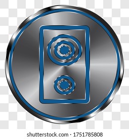 Speaker musical simple icon on metal round button. Transparent grid