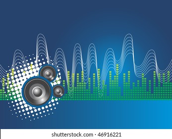 speaker and musical waves on blue, illustration