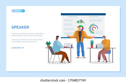 Speaker near graph report discussing growth plan with colleagues. Cooperation of man and woman with laptop analyzing diagram online. Website or webpage flat style, landing page template vector