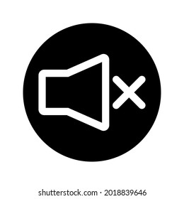 Speaker off, round icon. Mute. Forbidden sound. Glyph icon of a speaker for your web site design, logo, app, UI, webinar, video chat, ect. Vector illustration
