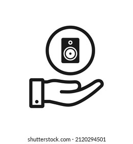 Speaker on hand. Sound, audio, studio icon line style isolated. Vector illustration