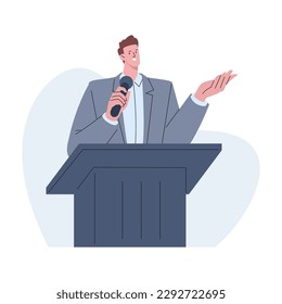 Speaker on lecture talk from stage. Training or seminar, politician speech. Business leader, professor man with microphone, kicky vector scene