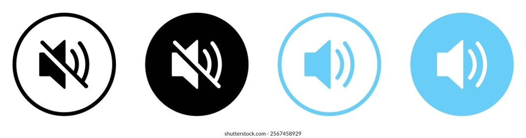 Speaker on and off icon button black and blue color. Speaker volume and mute vector icons set. Volume buttons isolated. Flat design. Vector illustration.