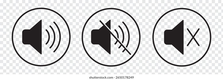 Conjunto de iconos de encendido y apagado del altavoz. Icono de altavoz de colores negro, verde y rojo. Eps 10