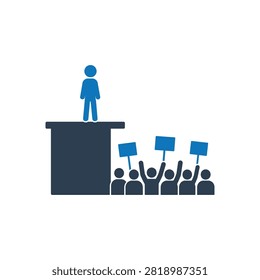 Speaker on a podium addressing a crowd with signs and flags icon