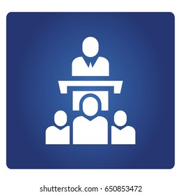 speaker on podium and audiences in blue background