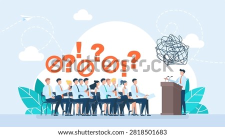 Speaker on podium giving confusing speech to audience. Miscommunication and bad presentation concept, business people experiencing question and problem in conference. Vector illustration