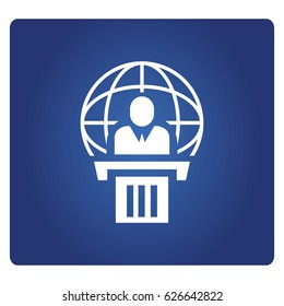 speaker on podium and globe icon in blue background
