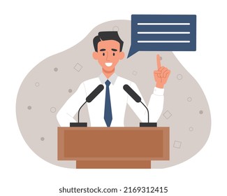 Speaker on podium. Man in white shirt in front of microphones. Lecturer at university giving lecture. Famous person, public speaker. Conference, audience concept. Cartoon flat vector illustration