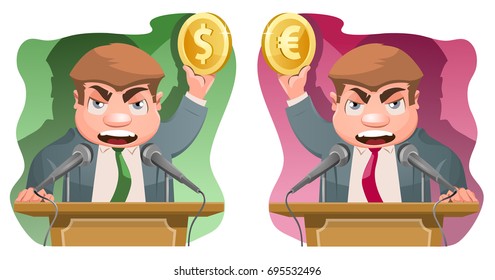 Speaker on the rostrum holds a dollar symbol and a euro symbol. Cartoon styled vector illustration. Elements is grouped. No transparent objects.