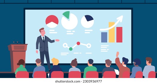 Speaker on stage in front of big screen answers questions from people sitting there. Business presentation with graph, chart and diagrams. Cartoon flat style isolated