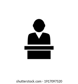 Speaker on Tribune, Political Spokesman. Flat Vector Icon illustration. Simple black symbol on white background. Speaker Tribune Political Spokesman sign design template for web and mobile UI element