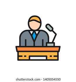 Speaker on tribune, project presentation, president, leader flat color line icon.