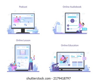 Speaker online service or platform set. Voice actor dubbing a movie, audio book or radio announcer. Online education, audiobook, lesson, podcast. Flat vector illustration