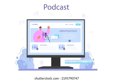 Speaker Online Service Or Platform. Voice Actor Dubbing A Movie, Audio Book Or Radio Announcer. Podcast. Flat Vector Illustration