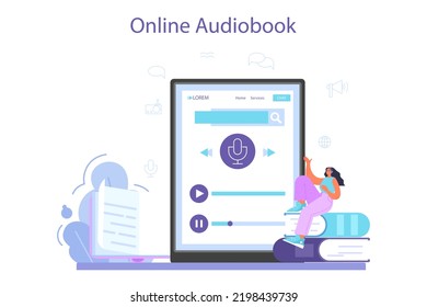 Speaker Online Service Or Platform. Voice Actor Dubbing A Movie, Audio Book Or Radio Announcer. Online Audiobook. Flat Vector Illustration