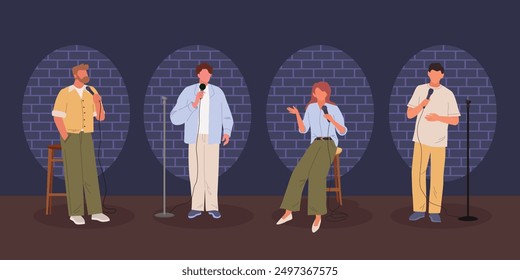 speaker orator characters. people with microphone lecture talk from podium humor comic performance show, public speech concept characters collection. vector cartoon flat characters set.