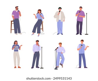 speaker orator characters. public speech concept characters collection, people with microphone lecture talk from podium humor comic performance show. vector flat cartoon characters set.