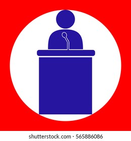Speaker orator man sign. Blue icon in white circle at red background. Colors of USA flag. Circumscribed circle. Circumcircle.