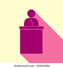 Speaker orator man sign. Flirt color icon with cyclamen flat style shadow path on cream background.