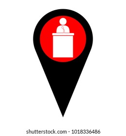 Speaker orator man sign. Vector. Flat white icon in red circle at black marker on white background. Isolated.