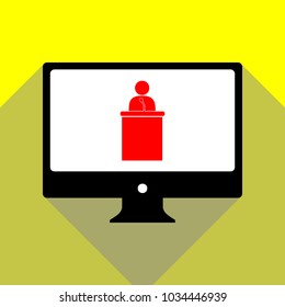 Speaker orator man sign. Vector. Red icon on white monitor of black all-in-one desktop computer with two shadows at yellow background.