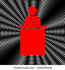 Speaker orator man sign. Vector. Red icon on white and black radial interference as background.