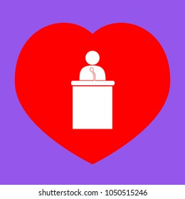 Speaker orator man sign. Vector. White icon in red heart at lavender background.