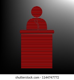 Speaker orator man sign. Vector. Striped red and black icon at gradient blackish background. Zebra.