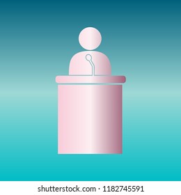 Speaker orator man sign. Vector. Pink bronze gradient icon at turquoise gradient background.
