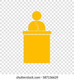 Speaker orator man sign. Vector. Amber icon on transparent background.