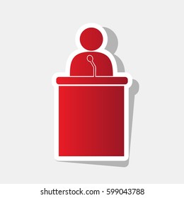 Speaker orator man sign. Vector. New year reddish icon with outside stroke and gray shadow on light gray background.