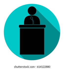Speaker orator man sign. Vector. Flat black icon with flat shadow on royal yellow circle with white background. Isolated.