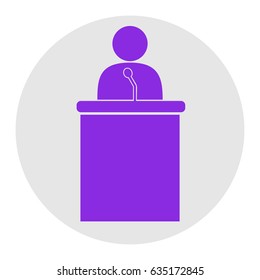 Speaker orator man sign. Vector. Violet flat icon on light gray circle at white background. Isolated.