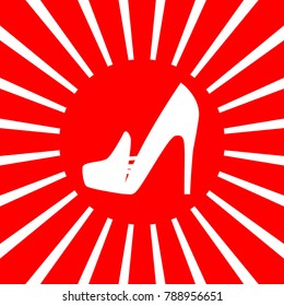 Speaker orator man sign. Vector. White icon on red sun with rays as background. Isolated.
