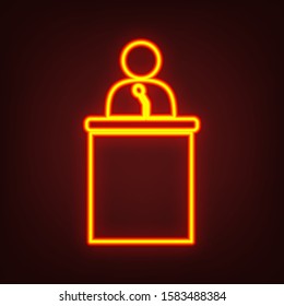 Speaker orator man sign. Yellow, orange, red neon icon at dark reddish background. Illumination. Illustration.
