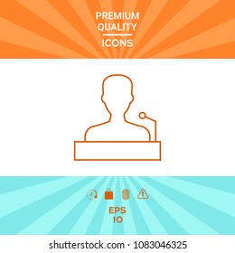 Speaker, orator speaking from tribune - line icon