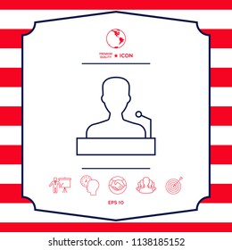 Speaker, orator speaking from tribune - line icon