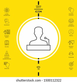Speaker, orator speaking from tribune - line icon. Graphic elements for your design