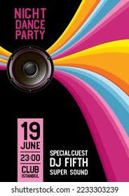 Speaker, paint stream, wave lines, festival poster, media banner with the words Night dance party. Vector illustration digital design.