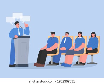 Speaker Peoples stand with podium and speech to peoples who seating on a chair for listen in seminar. Illustration about staff trainer and presentation.