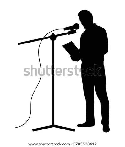 Speaker Performer or Stan Up Comedian Reading Speech Lines Silhouette. Artistic people and performance arts vector art