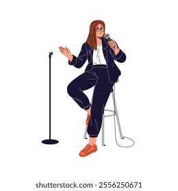 Speaker performs, holds microphone in hand. Comedy performer shows standup concert. Comic with performance on stage. Public speaking with mic. Flat isolated vector illustration on white background