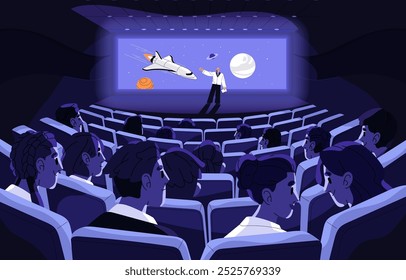 Speaker performs with presentation. People sit on chairs, watch science report about space on screen in dark hall. Public speaking for audience, spectators, viewers back view. Flat vector illustration