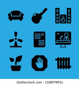speaker, plant, sofa, heater, stop, guitar protector, sound system, television and windmill vector icon. Simple icons set