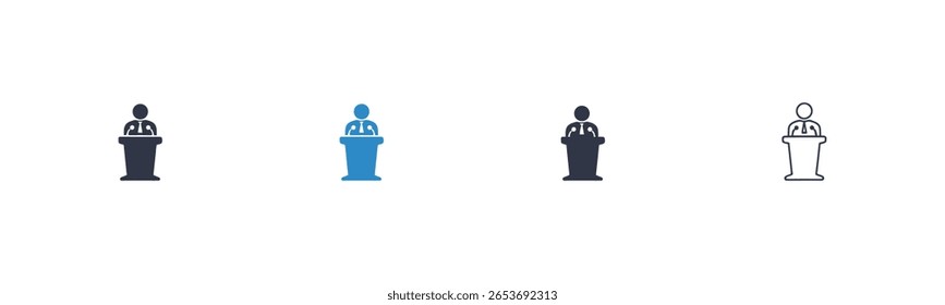 Ponente en un podio: Cuatro Variantes de íconos Cuatro íconos simples y estilizados que representan a una persona hablando en un podio.