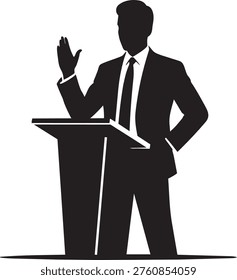 Speaker at podium, gesturing hand, business meeting, presentation, public speaking.
