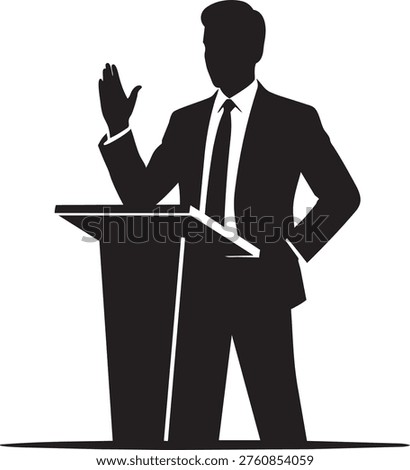 Speaker at podium, gesturing hand, business meeting, presentation, public speaking.