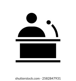 Speaker at podium giving speech. Concept of public speaking, conference, and presentation.